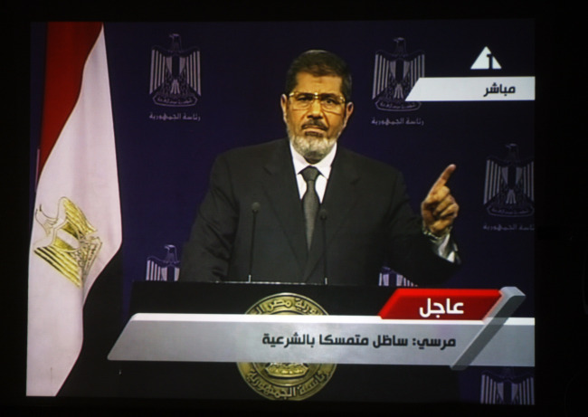 This image made from a video broadcast on Egyptian State Television shows President Mohammed Morsi addressing the nation in a televised speech on July 2, 2013. Egypt's besieged president said Tuesday that he will not step down. (UPI)