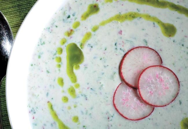 Buttermilk soup with radishes and peppery green oil (Los Angeles Times/MCT)