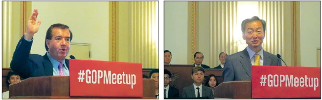 Rep. Ed Royce (left photo) and South Korean Ambassador Ahn Ho-young (right photo) make speeches at theKorean-American Meetup in Washington, D.C., on Wednesday. (Yonhap News)