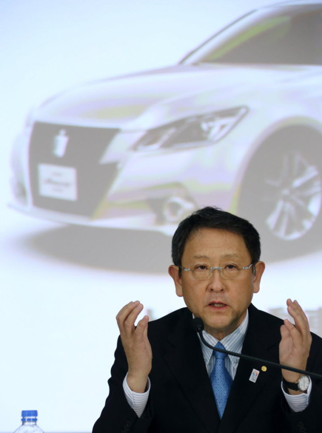 Akio Toyoda, president of Toyota Motor Corp., speaks during a news conference in Tokyo. (Bloomberg)