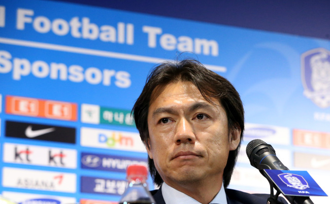 Korea’s head coach Hong Myung-bo takes part in a press conference in Seoul on Tuesday. (Yonhap News)