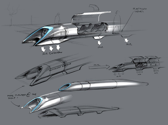 This image released by Tesla Motors shows a conceptual design sketch of the Hyperloop passenger transport capsule. (AP-Yonhap News)