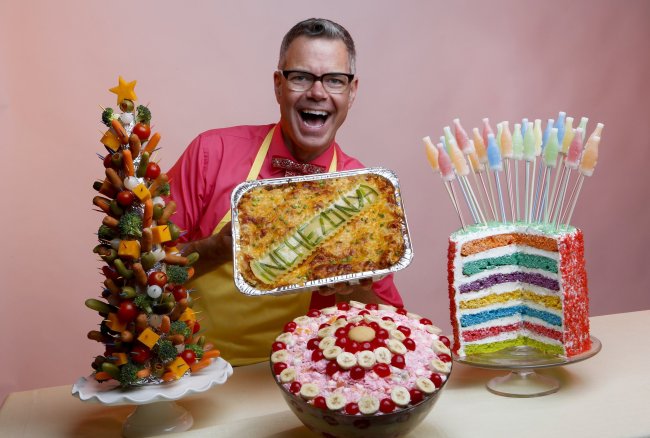Charles Phoenix loves going over the top with his foods for parties with items such as this Seven-Layer Soda Pop Rocks Cake (right), Bambrosinana (bottom), AstroWeenie Party Tree (left) and Inchezonya. (Los Angeles Times/MCT)