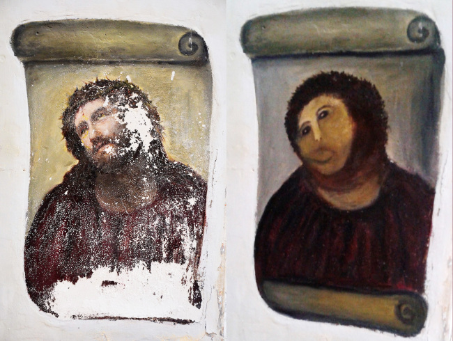 This combination of two undated handout photos shows the 20th-century Ecce Homo-style fresco of Christ (left) and the “restored” version. (AP-Yonhap News)