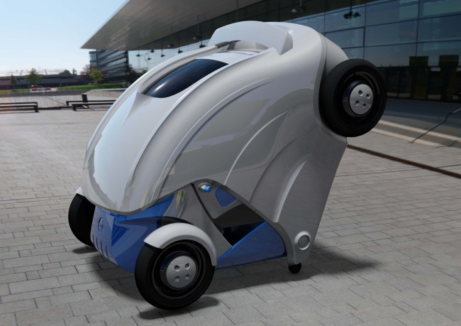 Armadillo-T (above), a compact electric vehicle developed by a KAIST team led by professor Suh In-soo, measures 2.8 meters in length. When parked, the rear section slides forward (bottom), folding the doors up vertically, which shortens the length to 1.65 meters and saves parking space. (KIAST)