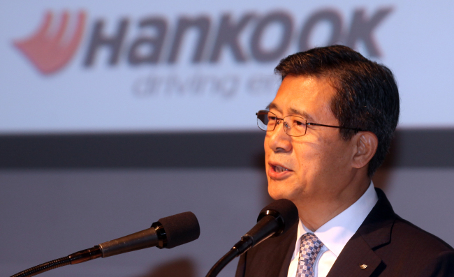 Hankook Tire CEO Suh Seung-hwa speaks at a press conference on Monday. (Hankook Tire)