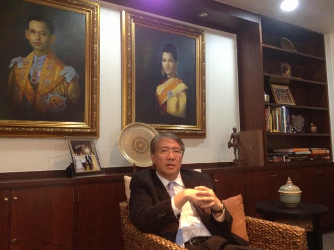 Thai Ambassador to South Korea Kittiphong na Ranong gestures during an interview with The Korea Herald at his office in Hannam-dong, central Seoul, on Sept. 16. (Philip Iglauer/The Korea Herald)