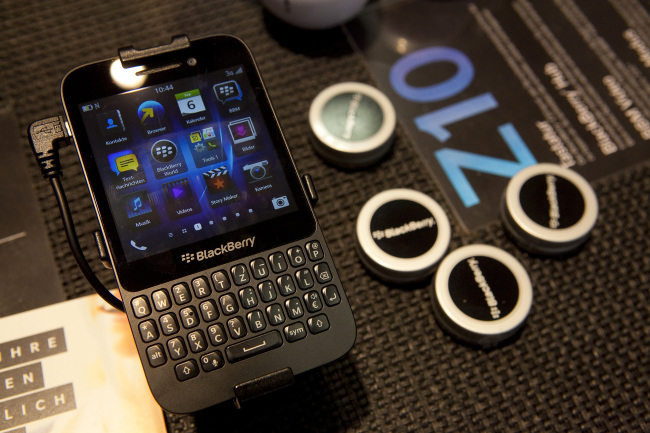 A Q5 smartphone, manufactured by BlackBerry Ltd., sits on display at the IFA consumer electronics show in Berlin on Sept. 6. (Bloomberg)