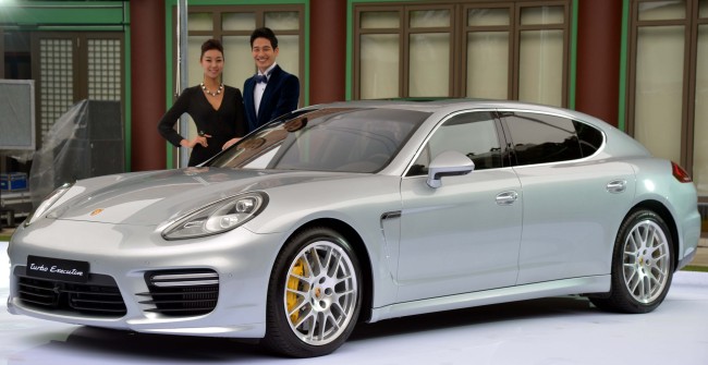 Stuttgart Sports Cars, the official importer of Porsche vehicles in Korea, unveils nine models of the new Panamera sports sedan, including the Turbo Executive trim, shown here, during an event held at Hotel Shilla in central Seoul on Tuesday. (Kim Myung-sub/The Korea Herald)