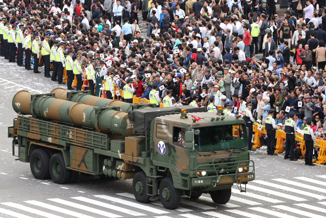 The Hyunmoo 3 missile is unveiled for the first time during the Armed Forces Day parade in Gwanghwamun, Seoul, Tuesday. (Yonhap News)