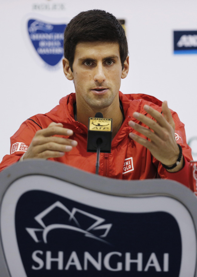 Novak Djokovic speaks during a press conference for the Shanghai Masters tennis tournament at Qizhong Forest Sports City Tennis Center in Shanghai on Tuesday. (AP-Yonhap News)