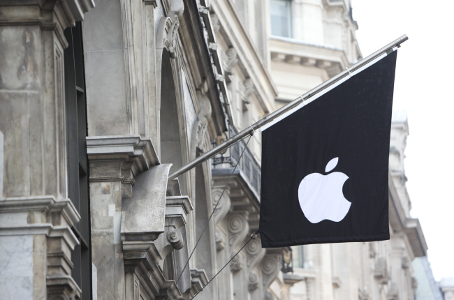 The Apple Inc. logo is displayed on a flag outside the company’s store on Regents Street in London. (Bloomberg)