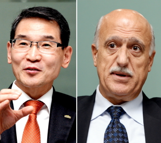 Yoon Seung-joon, president of the Korea Environmental Industry and Technology Institute (left), Arab Hoballah, chief of sustainable consumption and production at the U.N. Environment Program’s Division of Technology, Industry and Economics (right) (Park Hyun-koo/The Korea Herald)