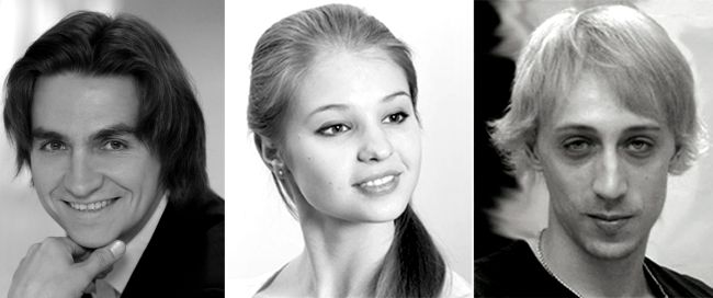 This combo of undated file pictures released by Bolshoi Theatre shows Bolshoi Ballet soloist Pavel Dmitrichenko (right), who has been charged with ordering the acid attack on Bolshoi Ballet artistic director Sergei Filin (left), and Bolshoi Ballet ballerina Anzhelina Vorontsova (center), Dmitrichenko’s girlfriend. (AFP-Yonhap News)