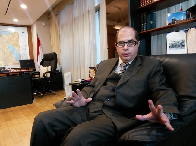 Egyptian Ambassador to South Korea Hany Selim gestures during an interview with The Korea Herald at his office in Seoul on Thursday. (Philip Iglauer/The Korea Herald)