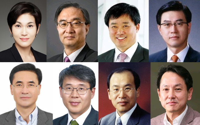 This group of photos shows the new presidents of various Samsung Group affiliates. Clockwise from top left: Lee Seo-hyun of Samsung Everland’s fashion company; Kim Young-ky of Samsung Electronics’ networks business; Kim Jong-ho of Samsung Electronics’ set production; Cho Nam-seong, CEO of Cheil Industries; Won Gee-chan of Samsung Card; Lee Seon-jong of Samsung Venture Investment; Park Dong-gun of Samsung Display and Ahn Min-soo of Samsung Fire and Marine Insurance. (Yonhap News)