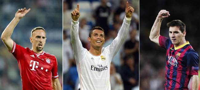 A combination of file pictures shows (L-R) Bayern Munich`s French midfielder Franck Ribery, Real Madrid`s Portuguese forward Cristiano Ronaldo and Barcelona`s Argentinian forward Lionel Messi.(AFP-Yonhap News)