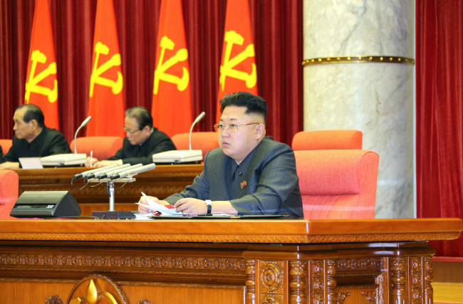 North Korean leader Kim Jong-un presides a key meeting of the Workers` Party on Sunday. (Yonhap News)
