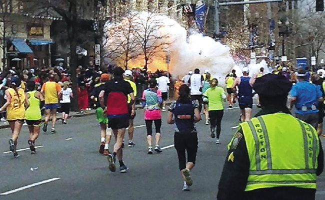 Boston Marathon bombing-- Two bombs exploded at the finish line of the Boston Marathon in Boston, Massachusetts, on April 15, killing at least three people and injuring more than 260 others.