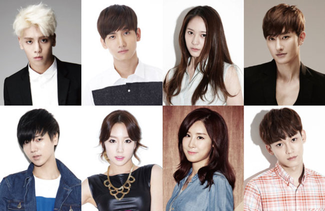 Top row, from left to right: Jonghyun from SHINee, Max Changmin from TVXQ, Krystal from f(x), and Zhoumi from Super Junior-M, Bottom row, from left to right: Yesung from Super Junior, Taeyeon from Girls’ Generation, Zhang Li Yin, and Chen from EXO. (SM Entertainment)