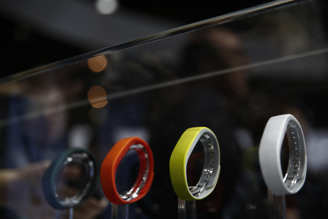 Sony Core wearable devices stand on display at the Sony pavilion during the Mobile World Congress in Barcelona, Spain, Monday. (Bloomberg)