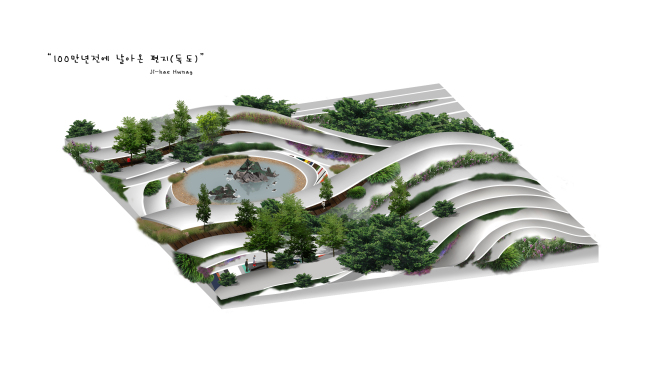 A computer-generated image of the Dokdo-themed miniature garden “A Letter Posted One Million Years Ago” by garden designer Hwang Ji-hae. (Hwang Ji-hae)