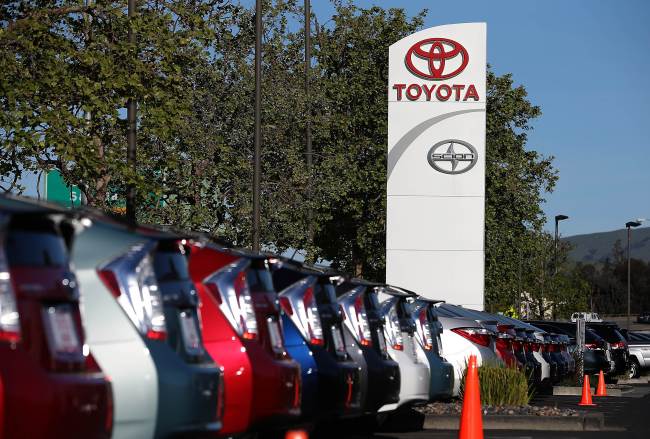 Toyota cars are displayed on the sales lot at Toyota Marin in San Rafael, California. (AFP-Yonhap)