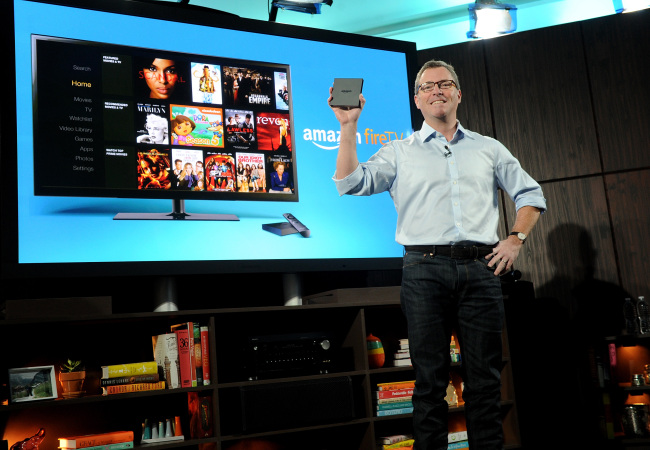 Amazon Kindle vice president Peter Larsen introduces Amazon Fire TV during a press conference in New York on Wednesday. (AP-Yonhap)