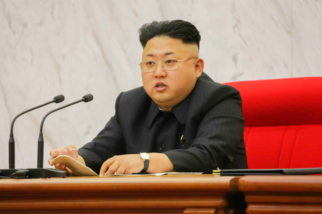 North Korean leader Kim Jong-un speaks at a party meeting in Pyongyang on Tuesday. (Yonhap)