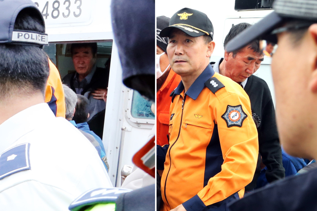 The left photo shows Lee Joon-seok, captain of the sunken Sewol, right after he was saved by a rescue boat on Wednesday. The right photo shows him being arrested on Saturday. (Yonhap)