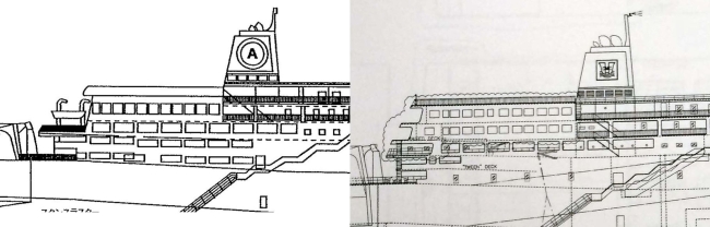 The sketches show that several parts of the back of the Sewol (right) were extended from when it was the Japanese vessel A Line (left). (Yonhap)
