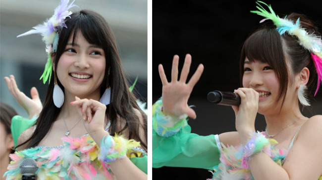 Japanese girls' pop group AKB48 members Anna Iriyama (left) and Rina Kawaei (AFP Photo / Toshifumi Kitamura)