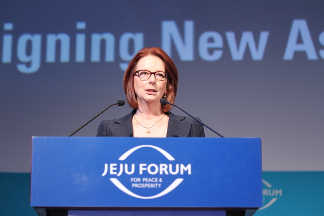 Former Australian Prime Minister Julia Gillard delivers a speech during the opening ceremony of the ninth Jeju Forum for Peace and Prosperity on Jejudo Island, Thursday. (Jeju Forum)