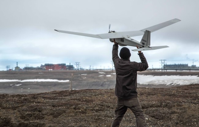 Unmanned Aerial System technology using an AeroVironment Puma drone is given a preflight inspection in preparation for flights by BP at its Prudhoe Bay, Alaska, June 7. (AP-Yonhap)