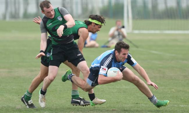 Seoul Gaels players (in green) vie for the ball with Shanghai Gaelic Football Club players at the All-China Gaelic Games in Shanghai in June. (Seoul Gaels)