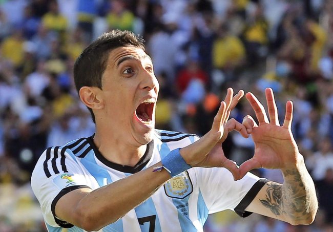 Argentina’s Angel di Maria celebrates his goal against Switzerland at the World Cup on Tuesday. (EPA-Yonhap)