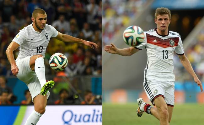 France’s Karim Benzema (left) and Germany’s Thomas Mueller (AFP-Yonhap)