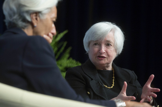 Federal Reserve Chair Janet Yellen (right) speaks during a conversation with IMF Managing Director Christine Lagarde in Washington, D.C., Wednesday. (Bloomberg)