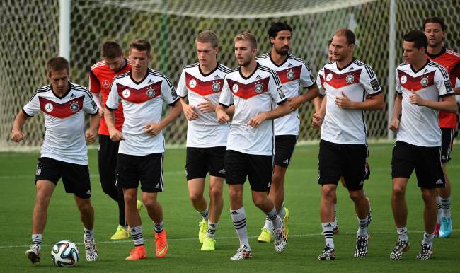 Germany’s players warm up during a training session in Santo Andre, Brazil, Thursday. (AFP-Yonhap)