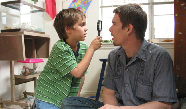 Six-year-old Mason (Ellar Coltrane) and his long-absent father Mason Sr. (Ethan Hawke) star in “Boyhood” by Richard Linklater, which was shot over a 12-year period. (Film Official Website)