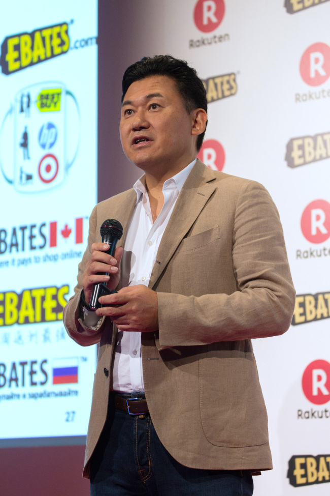 Rakuten CEO Hiroshi Mikitani speaks during a news conference in Tokyo on Tuesday. (Bloomberg)