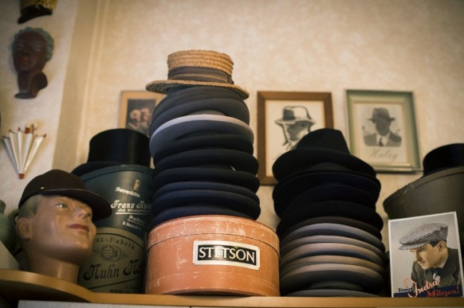 Hats and other paraphernalia are seen at Constanze Pelzer’s vintage shop Glencheck. (AFP-Yonhap)