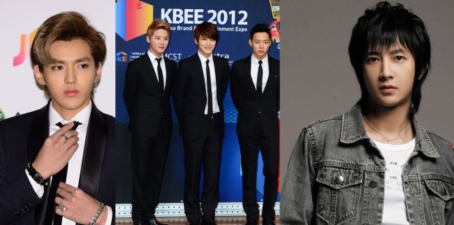 Former EXO member Kris (left), JYJ members (center, from left) Kim Jun-su, Kim Jae-joong, Park Yu-cheon and former Super Junior member Hankyung (right). (OSEN)