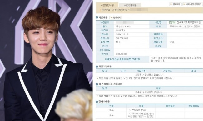 EXO Luhan and the legal information on his filing. (OSEN, Seoul Central District Court)