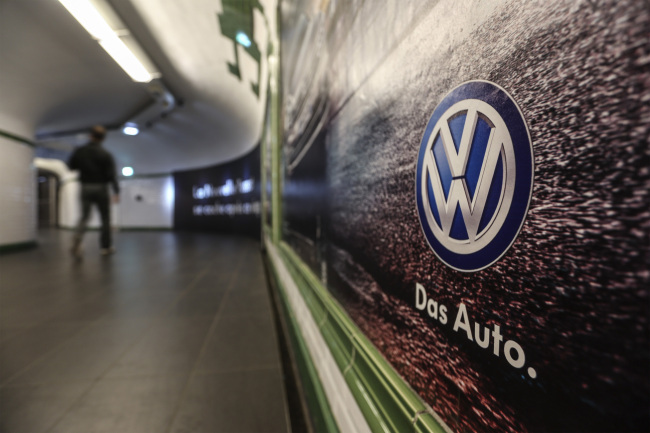 The Volkswagen logo on an advertisement in Paris. (Bloomberg)