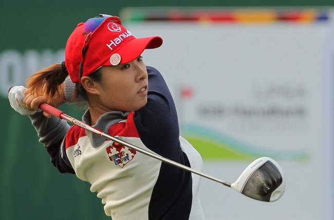 Korea’s Kang Hae-ji plays a shot at the KEB-HanaBank Championship on Thursday. (Yonhap)