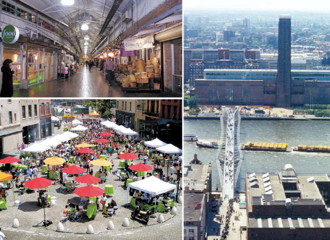 (Counterclockwise from top left) Chelsea Market, New York; the Meatpacking District, New York; and Tate Modern, London, are examples of successful urban renewal projects. (The Herald Business)