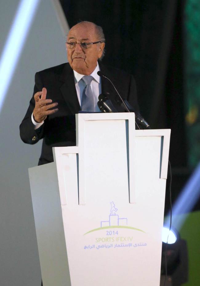 FIFA President Joseph Blatter speaks during a ceremony held at the Saudi Football Federation on the night of the 22nd Gulf Cup football tournament in Riyadh on Thursday. (AFP-Yonhap)