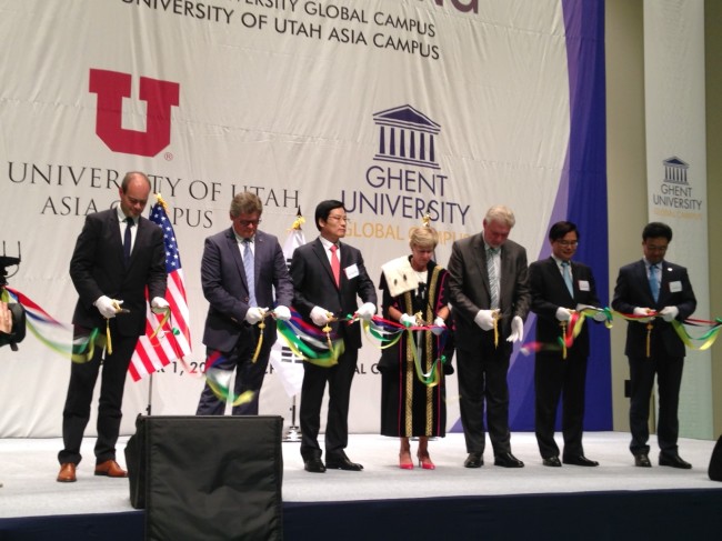 The joint opening ceremony of the University of Utah Asia Campus and Ghent University Global Campus is held at Incheon Global Campus on Sept. 1. (AGC)