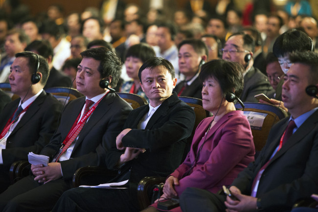 Billionaire Jack Ma (center), chairman of Alibaba Group Holding, attends the India-China Business Cooperation Conference in New Delhi on Wednesday. (Bloomberg)